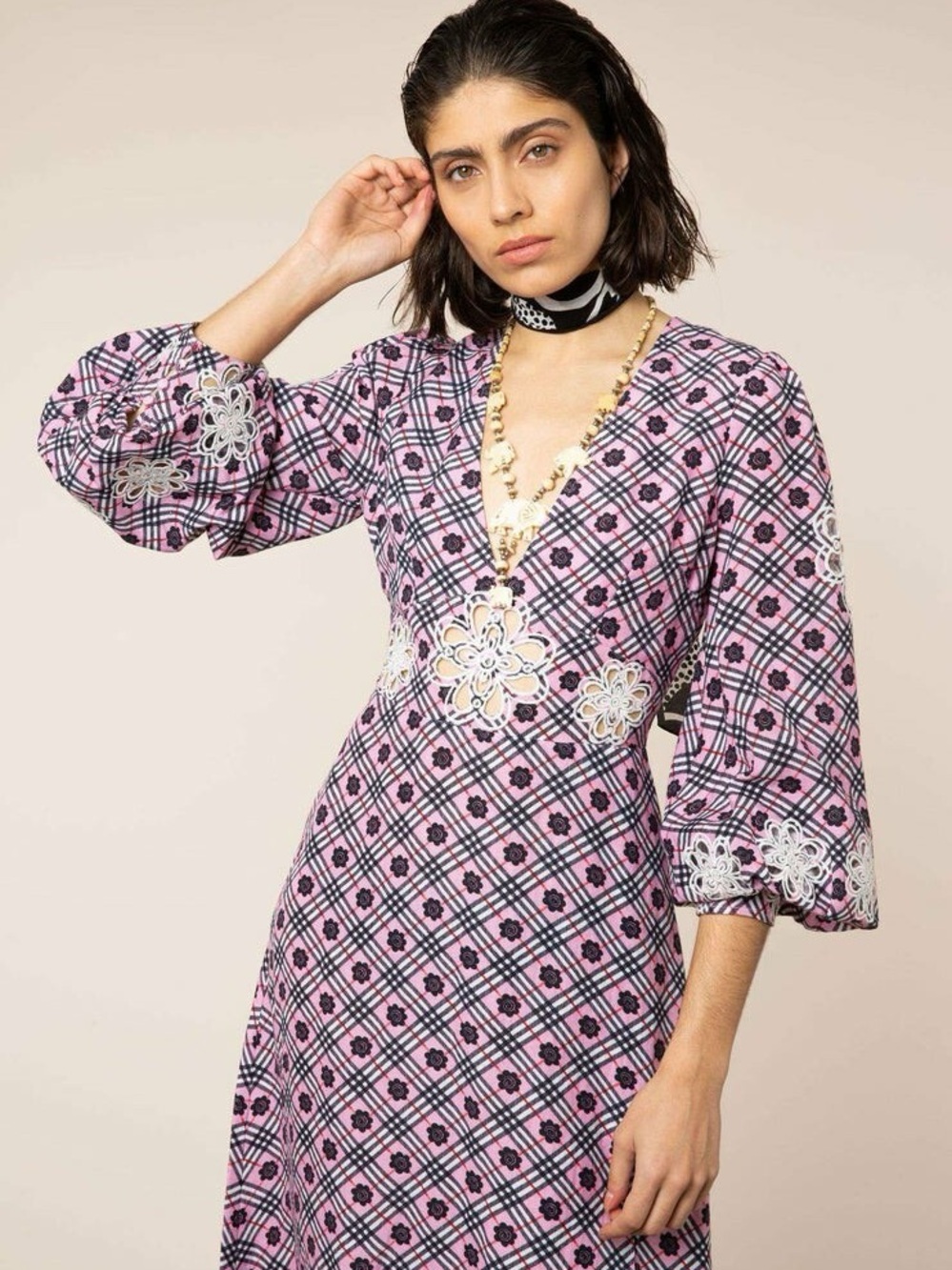 NWT RIXO Dada Dress Pink Black Check Floral Embroidered Midi Balloon Sleeve XS